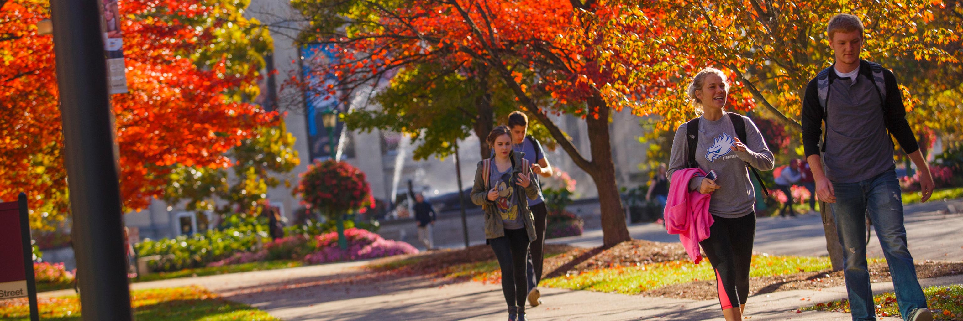 students walking down sidewalk on campus