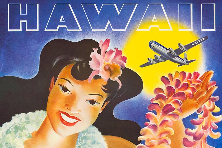 illustration of a woman with flowers and a plane flying overhead, the title reads Hawaii